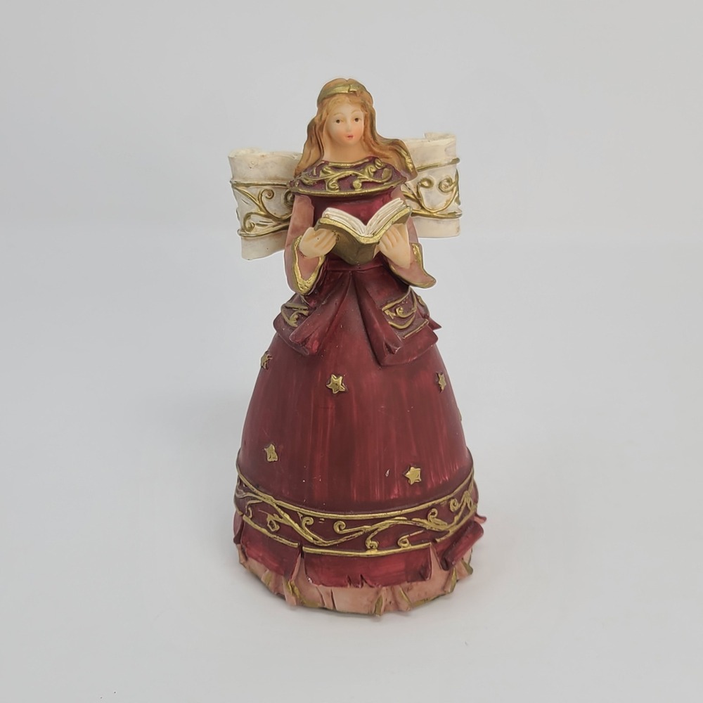 Angel Figurine Red Gold Scroll Wings Christmas Decor 5.75" Reading Singing Book